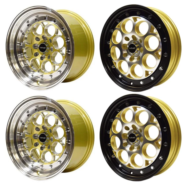 VMS RACING DORÉ Poli Noir Lèvre Revolver Roues Paquet 15x3.5 15x8 4X114 ...