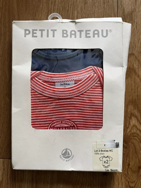 Petit Bateau Newborn 1 Month 2 Pack Bodysuits Vest Red White Blue Stripe BNWT