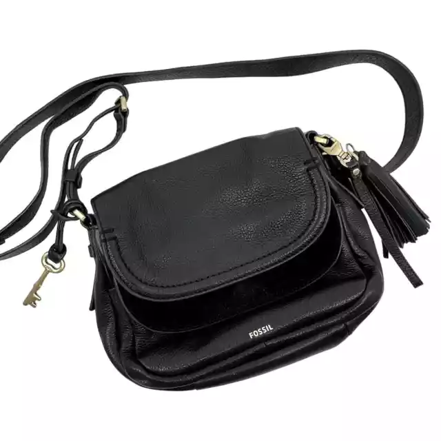 FOSSIL Peyton Small Pebbled Leather and Suede Crossbody Double Flap Bag Black