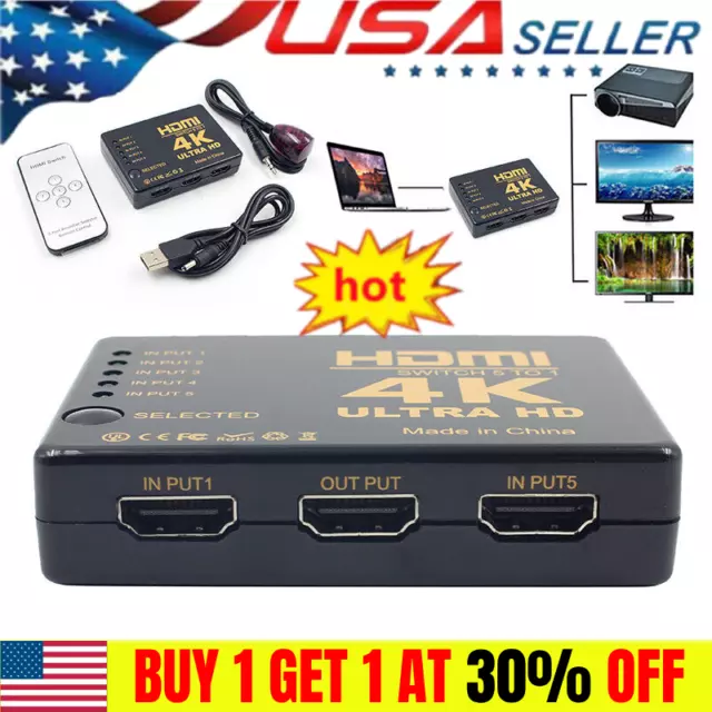 5 Port 4K HDMI Switch Splitter Selector Switcher Hub IR Remote HDTV 5 In 1 Out