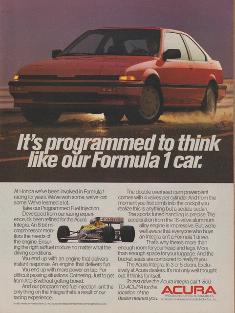 1987 Acura Integra - Programmed To Think Like Our Formula 1 Car - Print Ad Photo