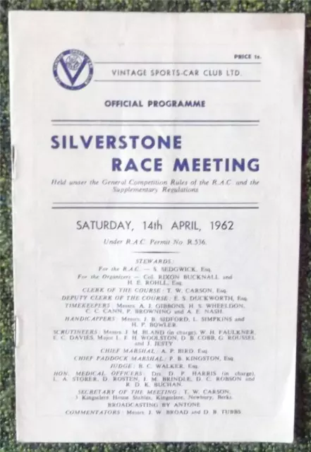 Silverstone (Vscc) Race Meeting Programme 14 Apr 1962