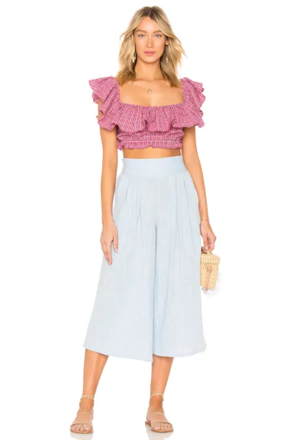 MISA Los Angeles Matos Wide Leg Cropped Pleated Front Pants Sky Blue M $242 B1