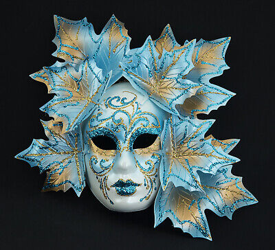 Mask from Venice Miniature Face Magnolia Leaves - Blue And Golden Antique 182