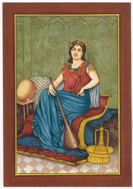 Peinture Miniature Persane Qajar Faite Main - Gouache Sur Papier 15x28cm - Thème Femme Musicienne Années 90