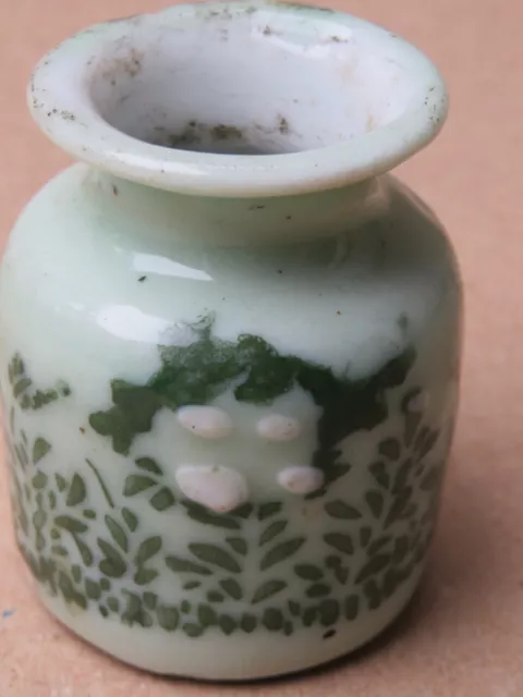 ANTIQUE CHINESE GREEN & WHITE INK POT INKWELL Porcelain Qing dynasty HAND COLOR