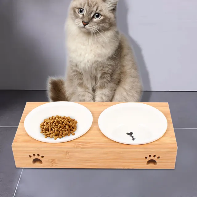Bamboo Elevated Raised Stand Pet Dog Cat Feeder Ceramic Bowls Tableware SALE