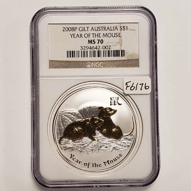 2008-P $1 Australia Year of the Mouse Gilt - PQ - NGC MS 70 - SKU-F6176