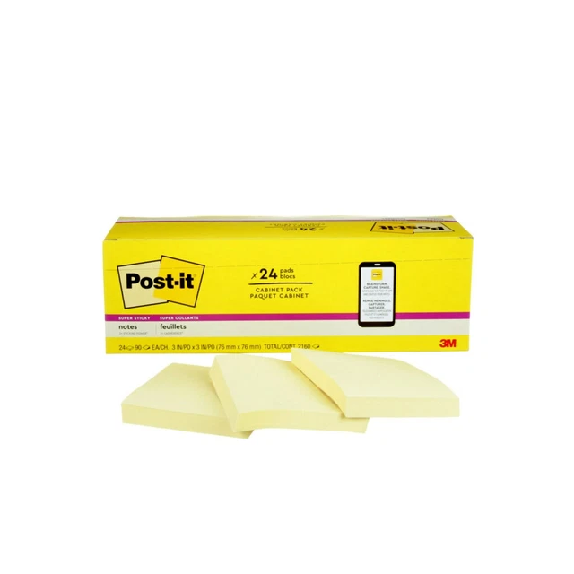 Super Sticky Pads, Cabinet Pk,3"x3", 90 Sh/PD, 24/PK,Canary