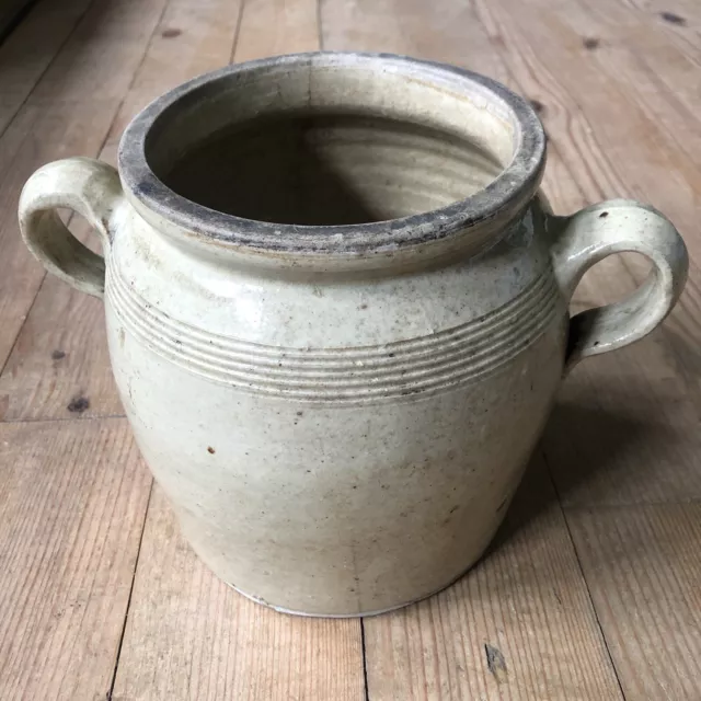 ancien grand pot a graisse confits saloir en céramique grès beige a oreilles