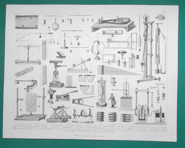 PHYSICS Mechanics Windlass Scales Lever Press Liquids - 1870 Antique Print