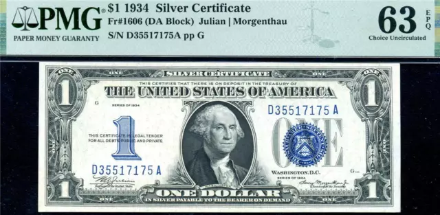 HGR SUNDAY 1934 $1 FUNNY BACK ((Silver Certificate)) PMG CHOICE UNC 63EPQ