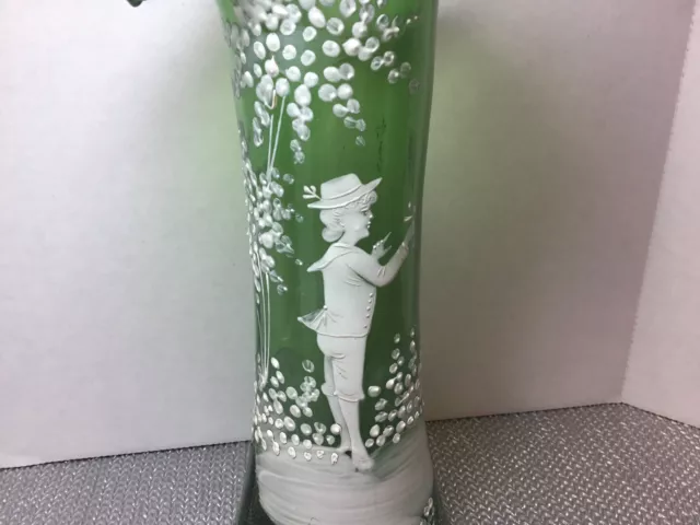 Antique Victorian Bohemian 19th C Green Art Glass HP Mary Gregory Vase 9" 2