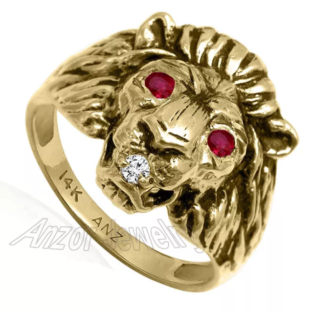 Heavy Men's Ring 14k Solid Yellow Gold Natural Diamond & Genuine Ruby Lion $1395