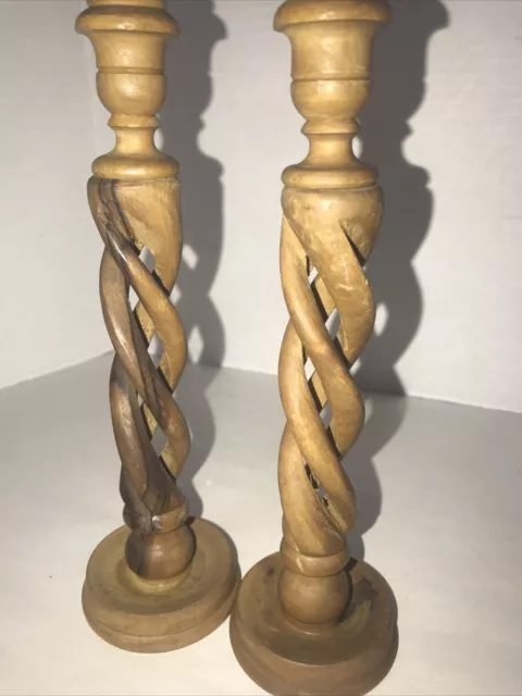 English Barley Twist Candlesticks Wood Candle Holder Hand-Turned 8” Antique Pair