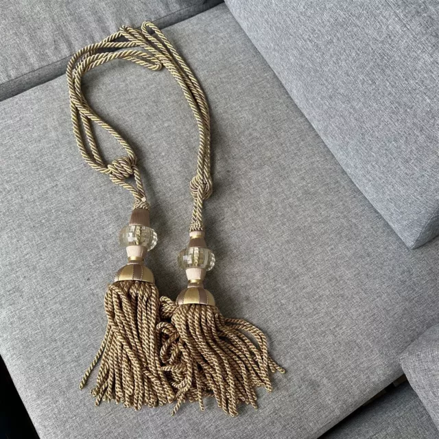 CURTAIN DRAPERY TASSEL TIEBACKS Set of 2 Rope Cord Gold Thick Faux Crystal