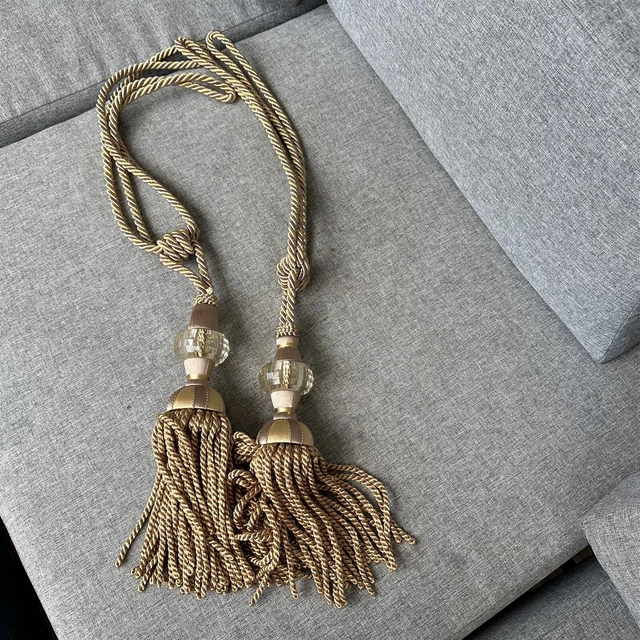 CURTAIN DRAPERY TASSEL TIEBACKS Set of 2 Rope Cord Gold Thick Faux Crystal