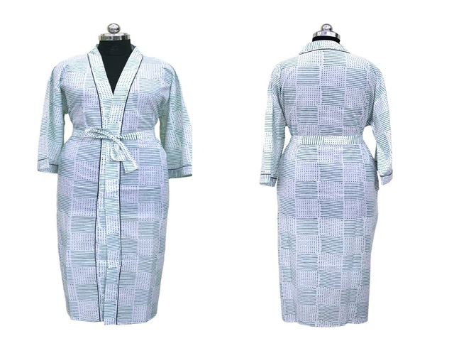 Indian Handmade Block Printed Cotton Kimono Robe, Beach Wear Dressing Gown