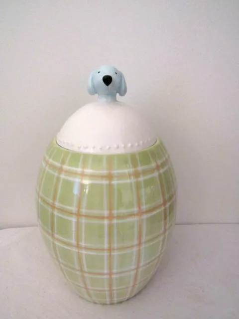 Michel & Company Porcelain Puppy Dog Cookie Jar Canister Plaid Pattern