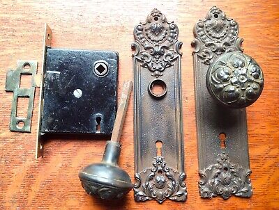 Antique Fancy Victorian Iron Doorknobs & Doorplate "Pasco" Yale & Towne c1910