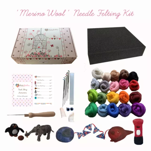 Heidifeathers® verpackt Nadelfilz Starter Kit - Merinowolle, Nadeln, Matte...