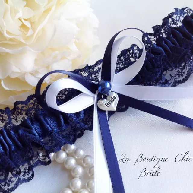 XS S M L XL Wedding Bride Heart Bridal Garter Navy Blue Lace Satin Bows pearl