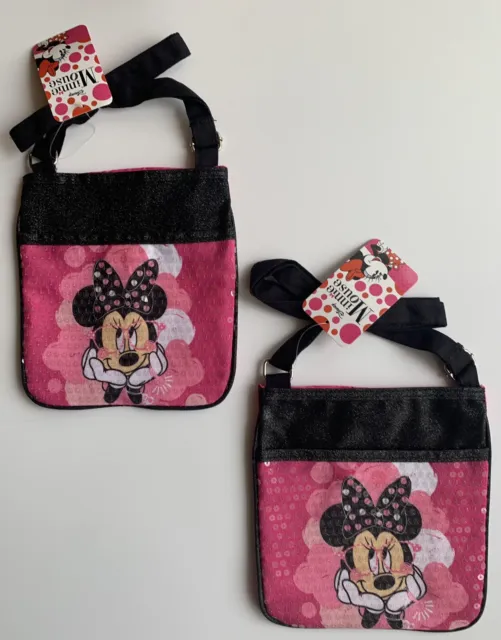 Disney Minnie Mouse Girls Crossbody Pink Black Sequined Shoulder Strap Bag Purse