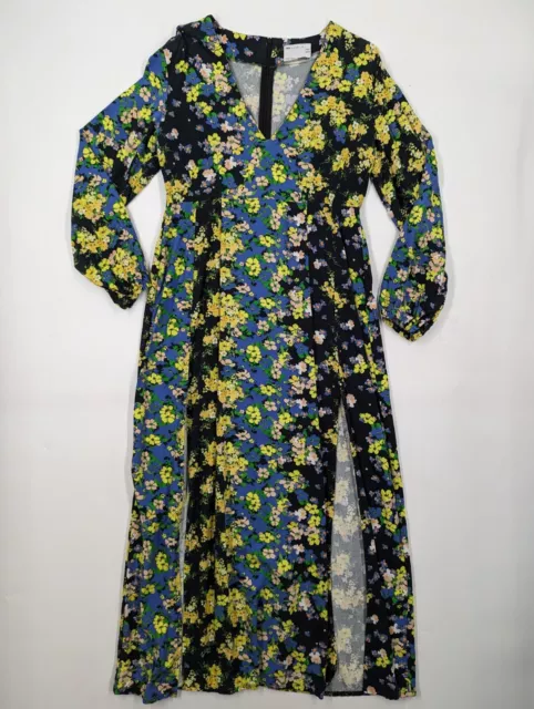 ASOS Made In Kenya Black Yellow Floral Long Dress Size Leg Slits UK 12