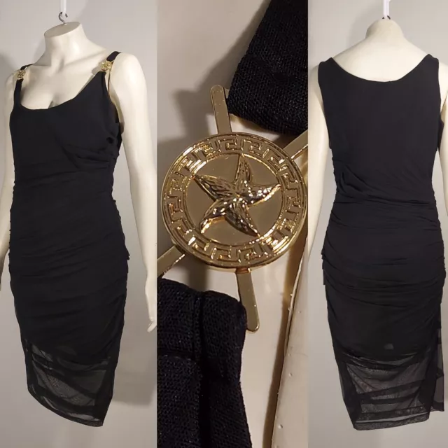 VERSACE draped little black   dress with gold starfish medallion straps size 36