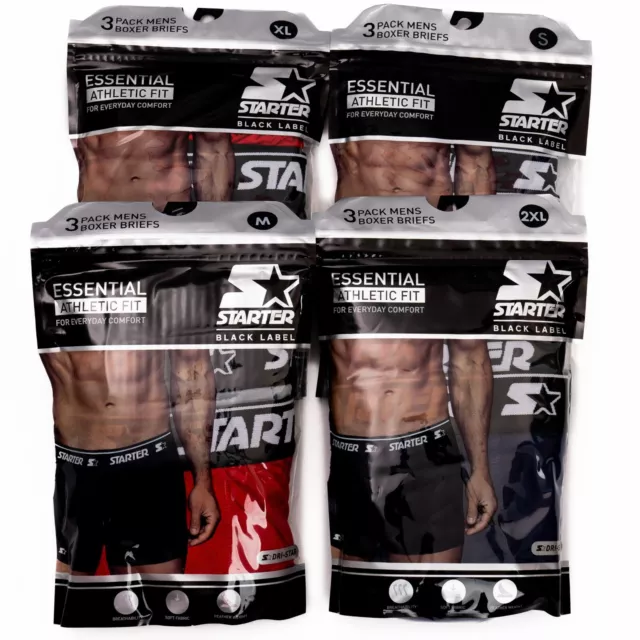 New Starter 3-Pack Men Athletic Fit Black Label Boxer Briefs Sizes S,M,L,XL,2XL