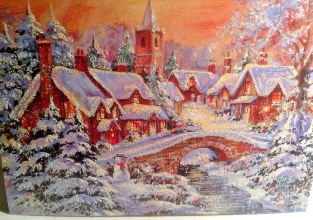 Vintage Christmas Greeting Card Glittered Snowy Village Snowman Unused+env