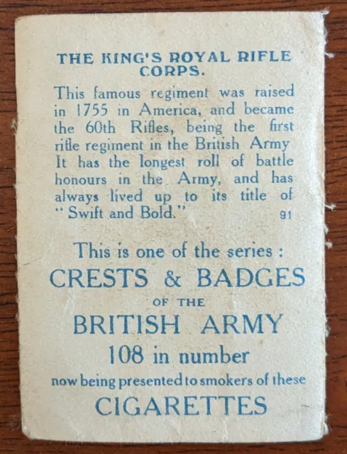c. 1914 Badges Of The British Army Silk Cigarette Card - Kings Royal Rifle Corp 2