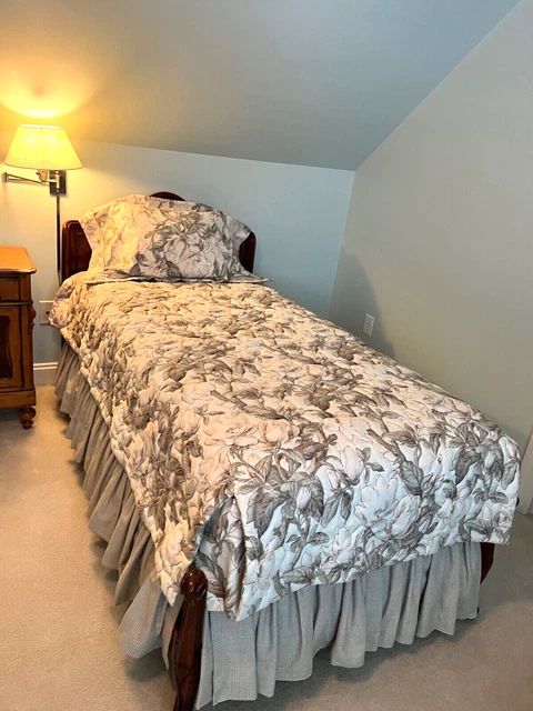 John Widdicomb Cherry Twin Bed Frames in French Style w Custom Fitted Bedspreads