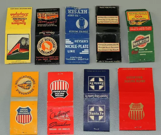 Railroad Trains Matchbook Covers Lot of 9 Different Vintage UP, Santa Fe & more