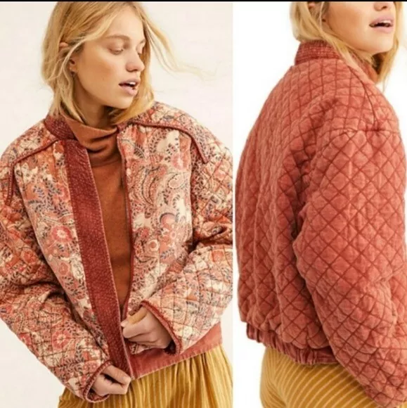 Free people great escape cotton printed quilted jacket top
