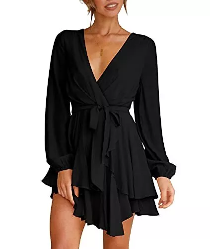 Cosonsen Womens Cute Mini Dress Deep V-Neck Long Sleeve Tie Waist Ruffle Short