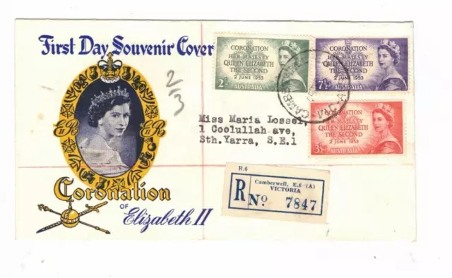 Australia 1953 Coronation on Registered FDC,cds CAMBERWELL Vic