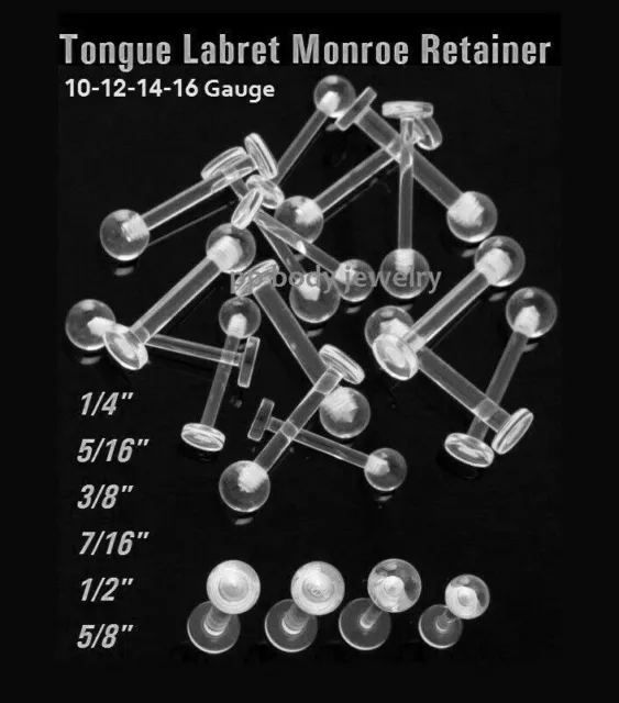 16G 14G 10G 12G -1/4" to 5/8" Clear Ball Labret Monroe Tongue Barbell Retainer