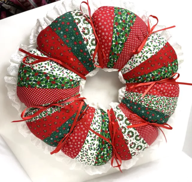 Handmade Quilted Fabric Christmas Wreath Red Green Floral Ribbon Lace 17"