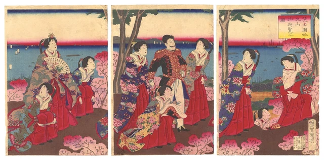 WB Kuniaki II Japanese Woodblock Prints Asian Antique Imperial Sakura Park