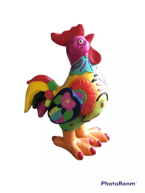 colorful hand painted cast resin rooster figurine 9,25” tall