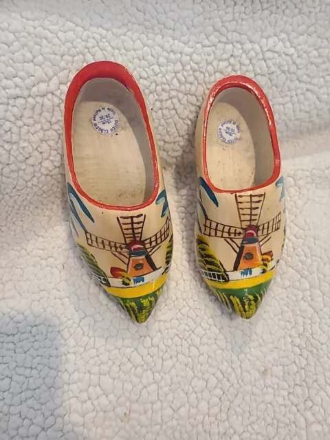 Dutch Shoes Wooden Holland Vintage Carved Hand Clogs Painted Wood Pair Windmill