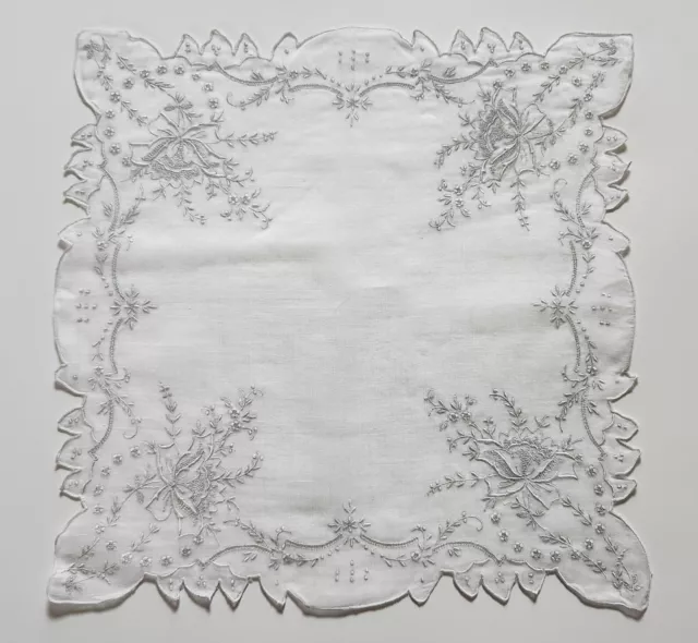 Vintage Linen Handkerchief Whitework Appenzell Style Embroidery Rose Wedding