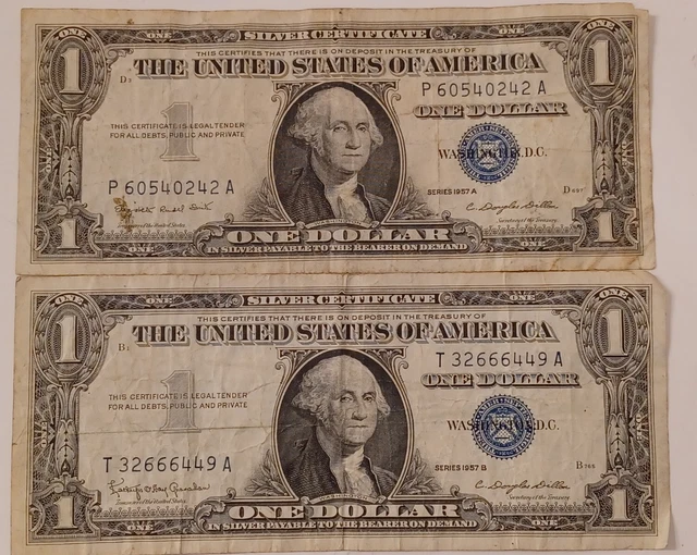 Two 1957 Series One Dollar Note Silver Certificate (BLUE SEAL) Old US Dollar
