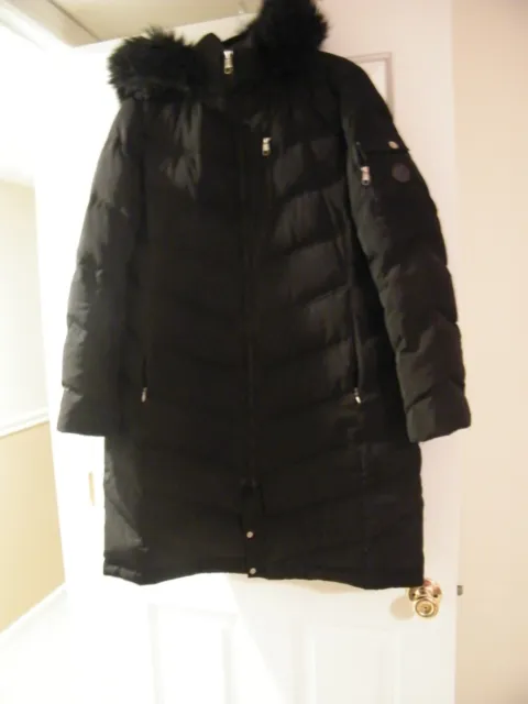 Calvin Klein Hooded Puffer Jacket Womens Black Faux Fur Long Sleeve Size Large
