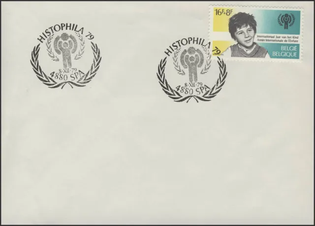 Belgium: boys' head, blank envelope SSt exhibition HISTOPHILA IYC logo 8.12.79