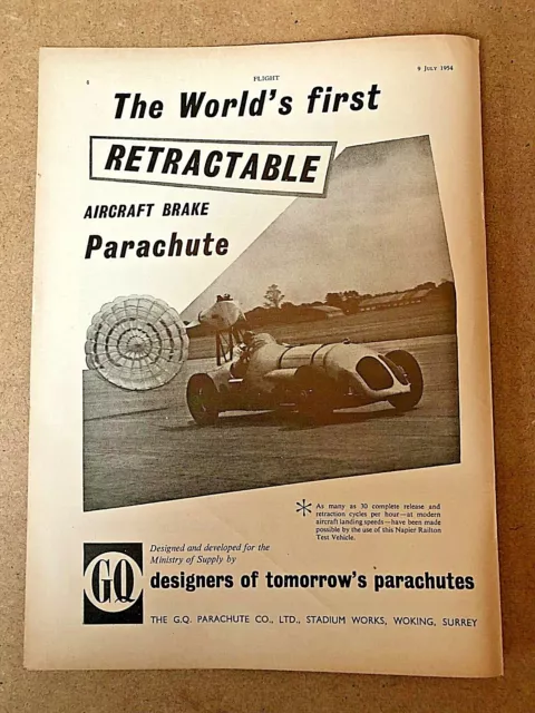 1954 Advert GQ PARACHUTE CO. RETRACTABLE AIRCRAFT BRAKE NAPIER RAILTON TEST