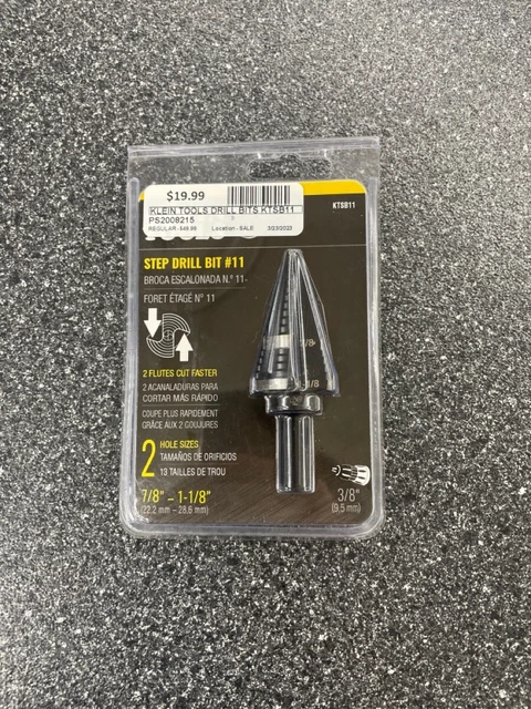 Klein Tools KTSB11 Double Fluted Step Drill Bit 7/8" or 1 1/8' holes (PS2008215)