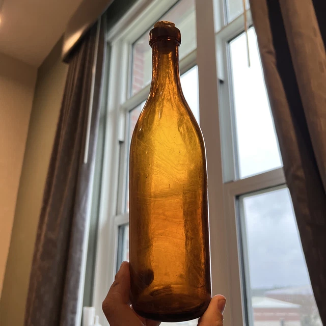 Antique Amber Slick Mineral Water Beer Bottle Applied Ring Top Unusual