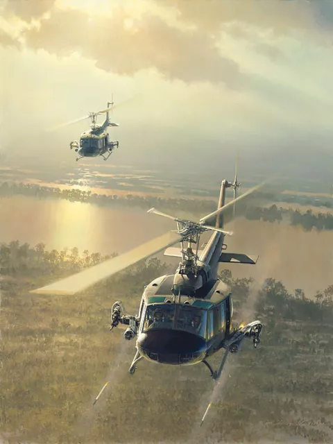 William PHILLIPS Rolling on the River LE edition Canvas Bell UH-1 Helicopter art